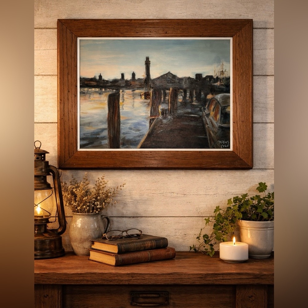 Original Oil Painting Vintage 1965 Lake Pier Bridge Water Signed Harbor Sunset